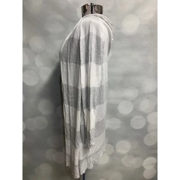 RED grey white striped long lightweight open large cardigan button sleeve detail - Picture 4 of 7